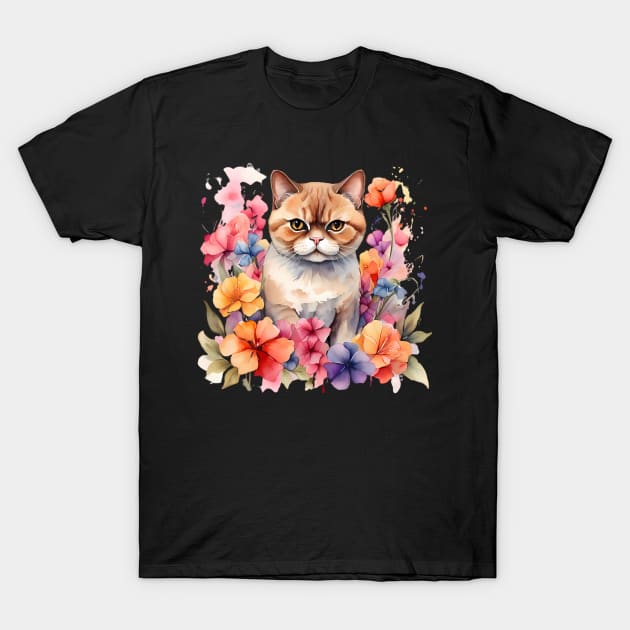 An exotic shorthair cat decorated with beautiful watercolor flowers T-Shirt by CreativeSparkzz